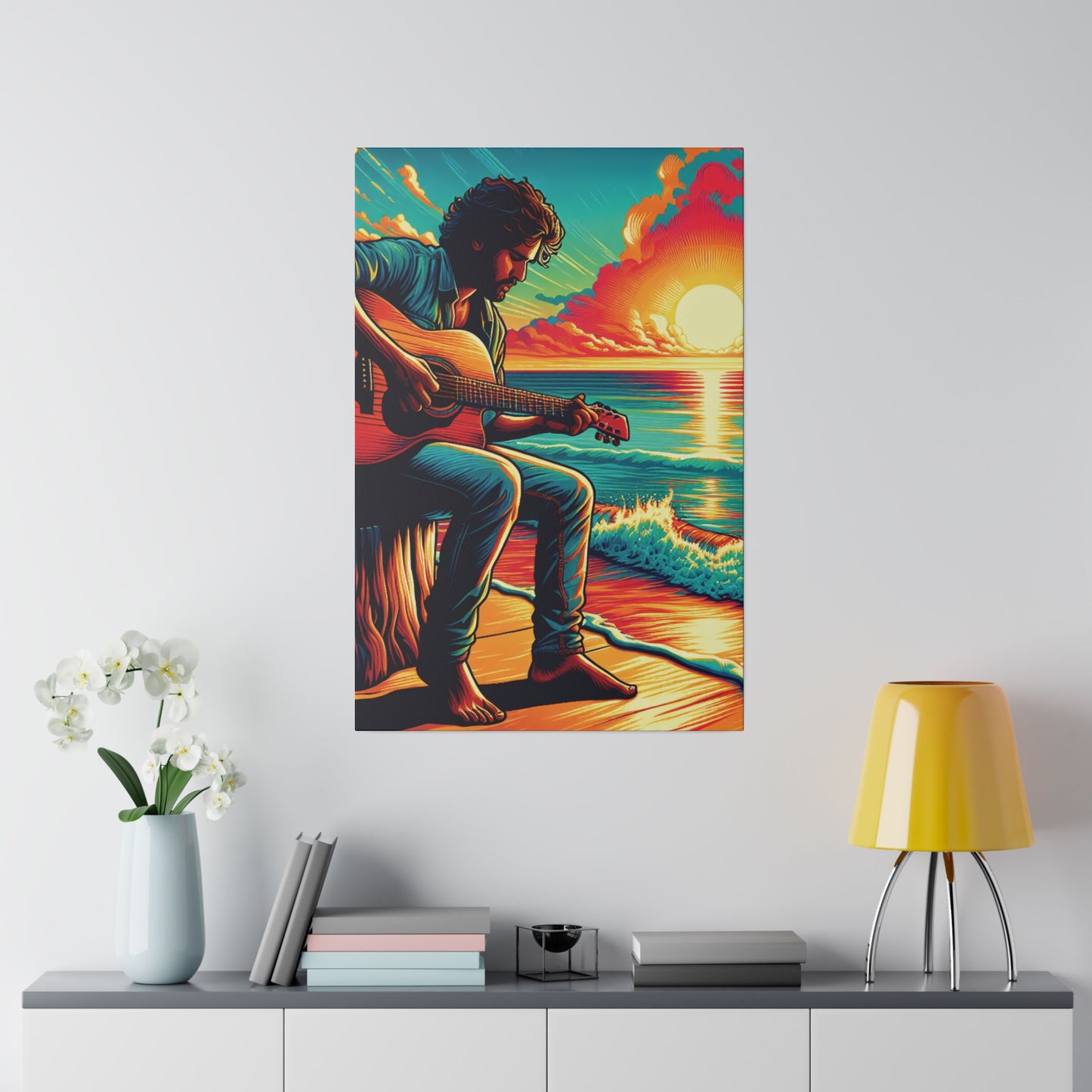 5973Z - music art work, musician gift ideas, sunset background, sunset designs, ocean art work, beach art work, guitar art work, guitar player