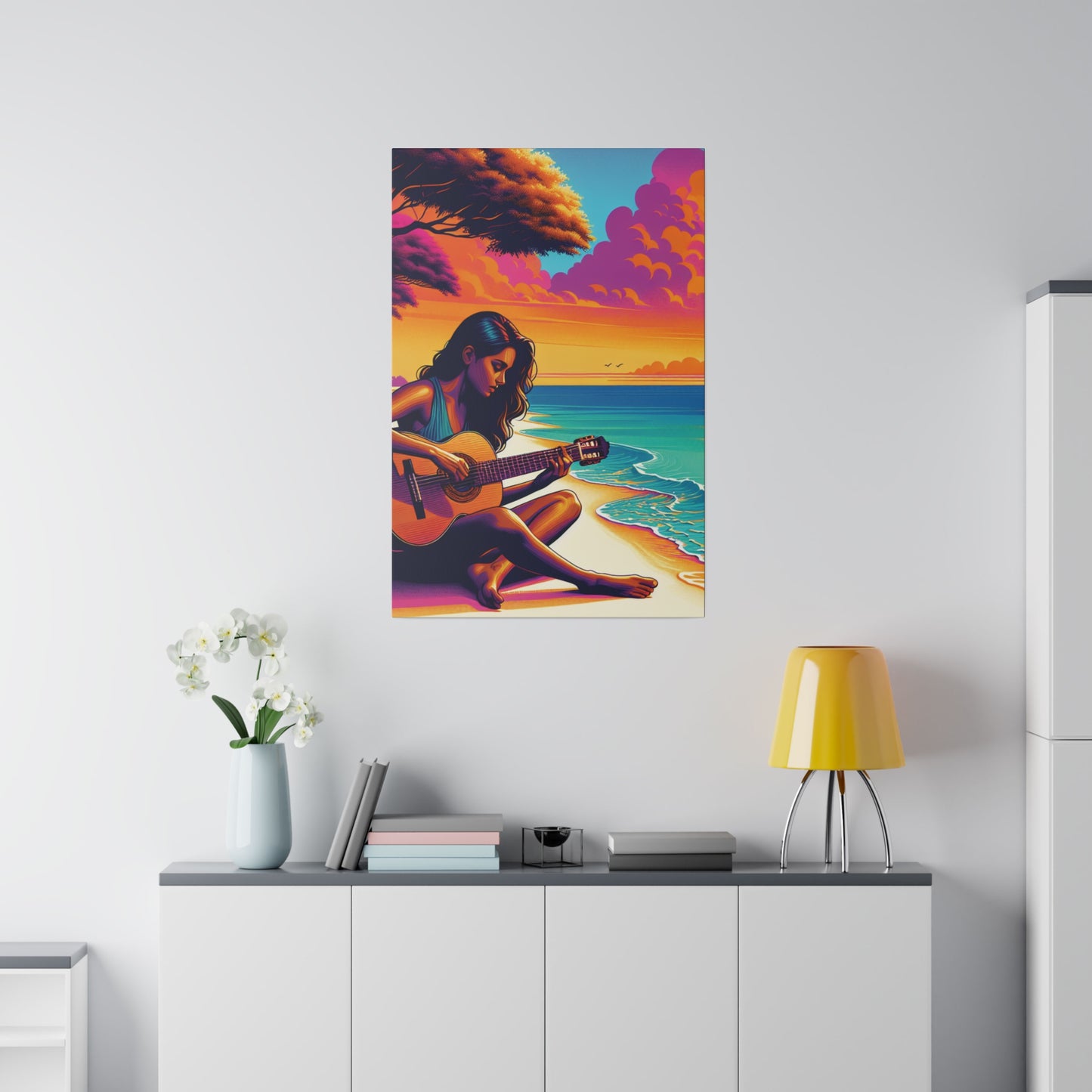 5709K - music art work, musician gift ideas, sunset background, sunset designs, ocean art work, beach art work, guitar art work, guitar player