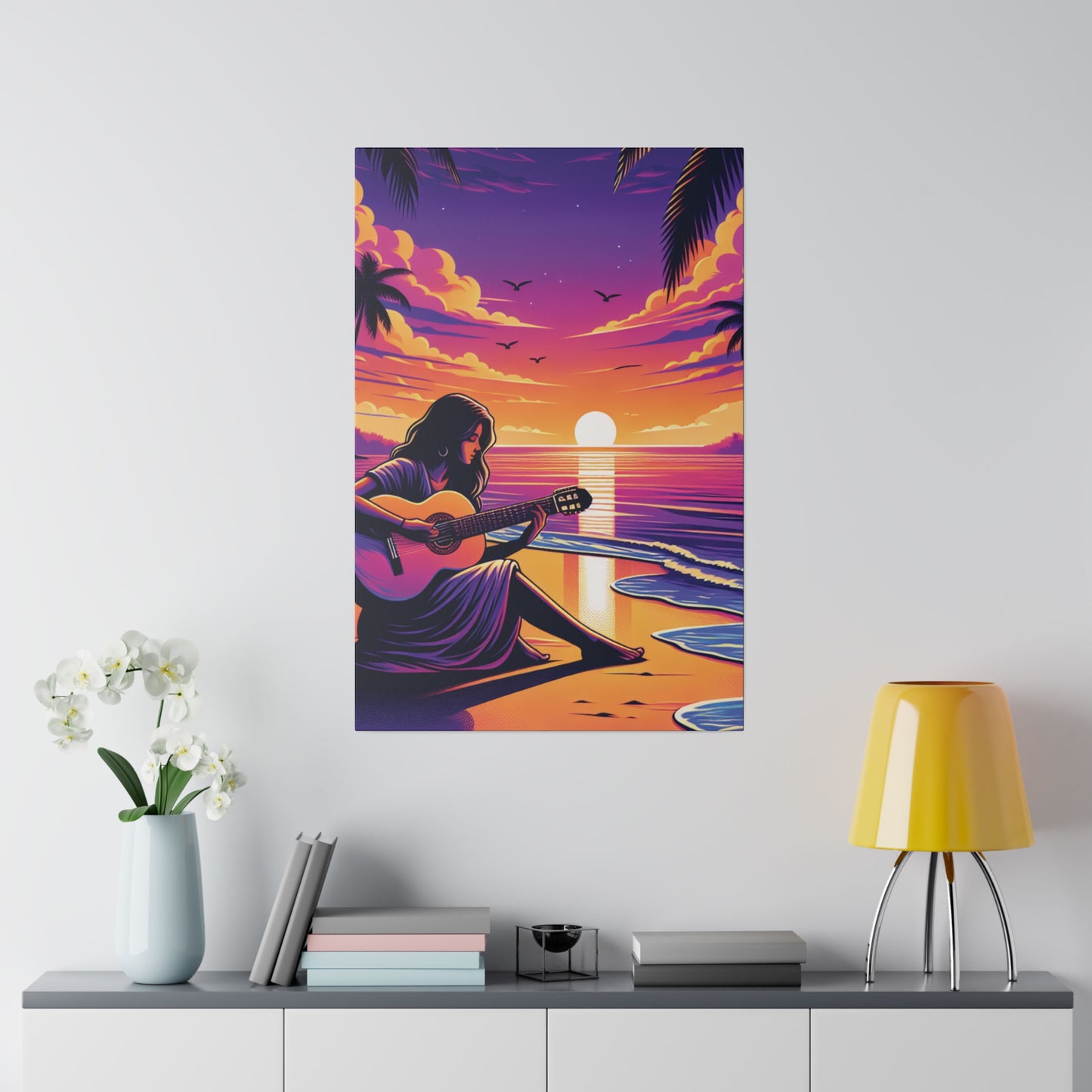 4927M - music art work, musician gift ideas, sunset background, sunset designs, ocean art work, beach art work, guitar art work, guitar player