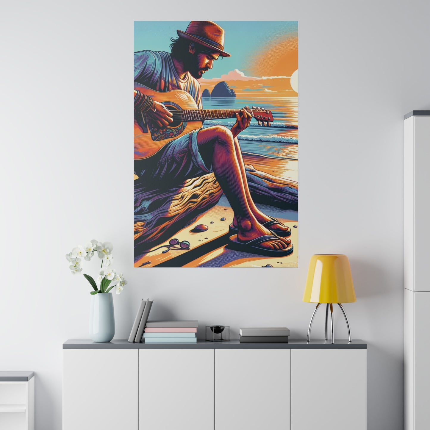 3276K - music art work, musician gift ideas, sunset background, sunset designs, ocean art work, beach art work, guitar art work, guitar player