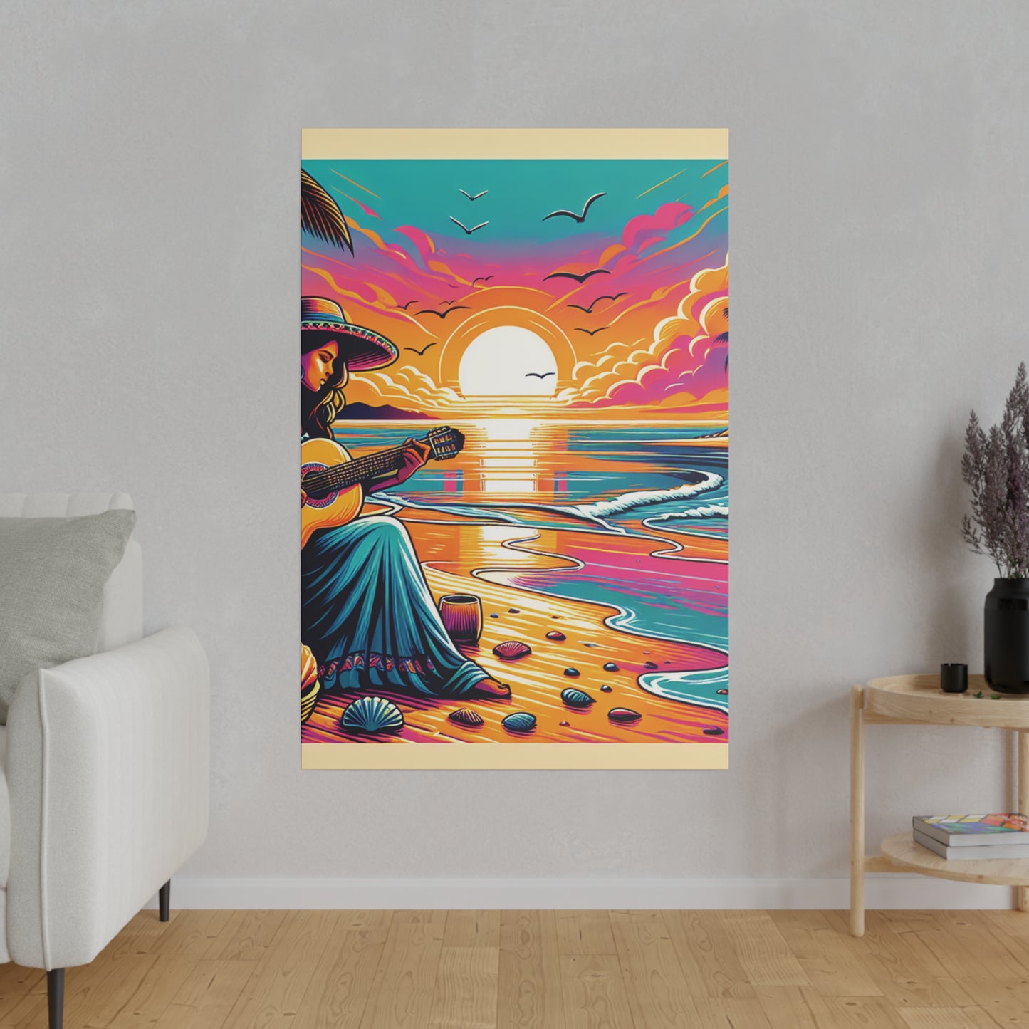 6389M - music art work, musician gift ideas, sunset background, sunset designs, ocean art work, beach art work, guitar art work, guitar player