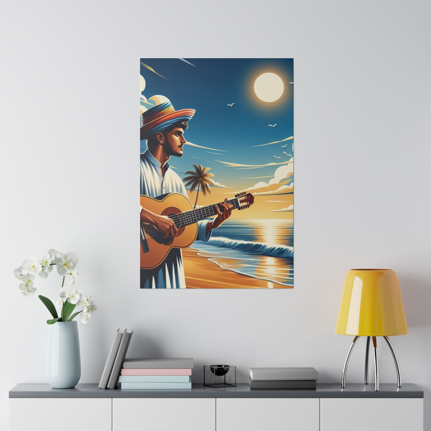 8234Z - music art work, musician gift ideas, sunset background, sunset designs, ocean art work, beach art work, guitar art work, guitar player