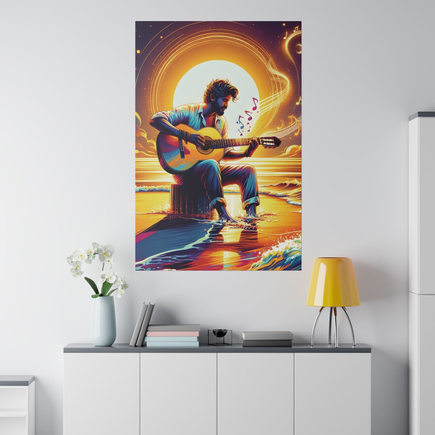 7683B - music art work, musician gift ideas, sunset background, sunset designs, ocean art work, beach art work, guitar art work, guitar player