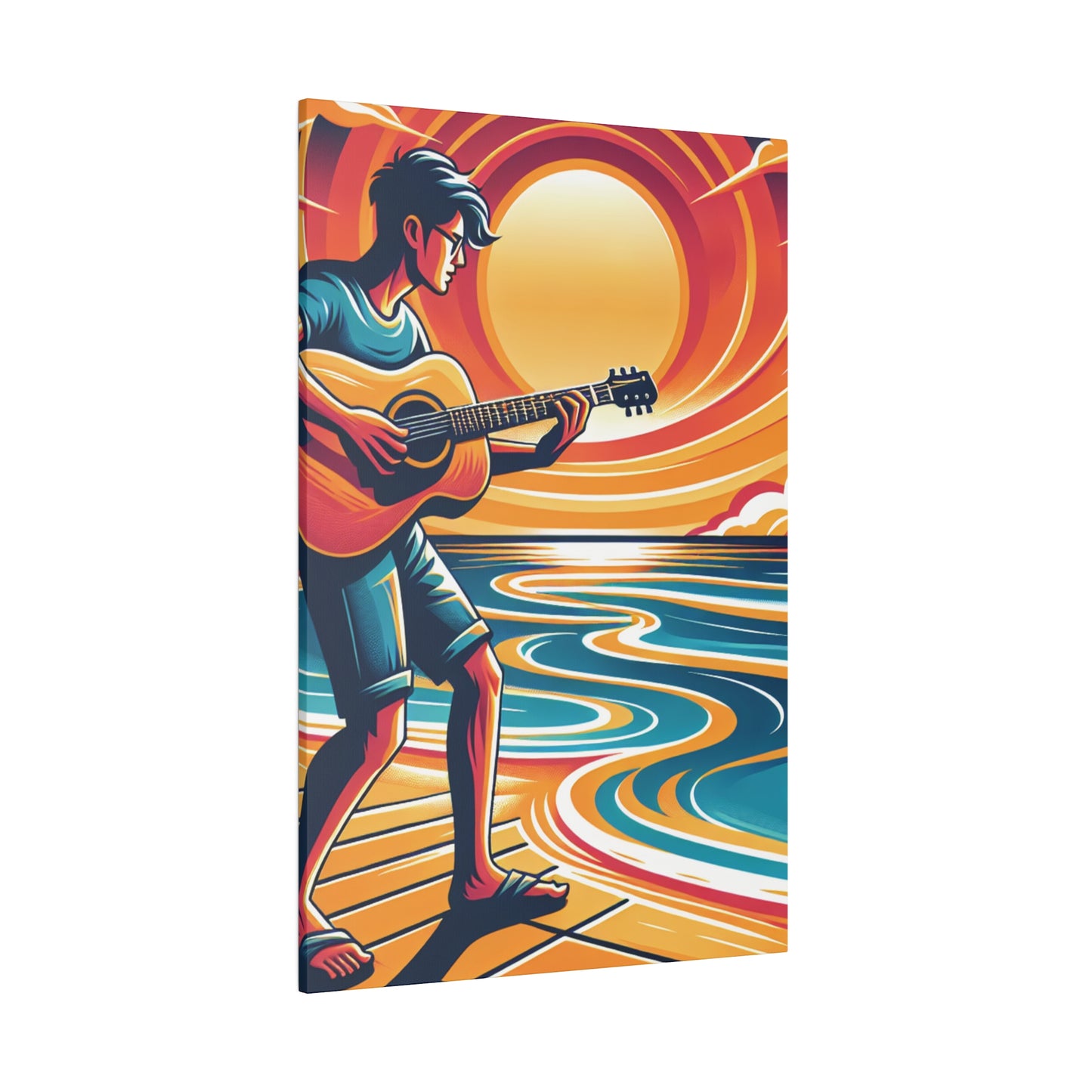 2734B - music art work, musician gift ideas, sunset background, sunset designs, ocean art work, beach art work, guitar art work, guitar player