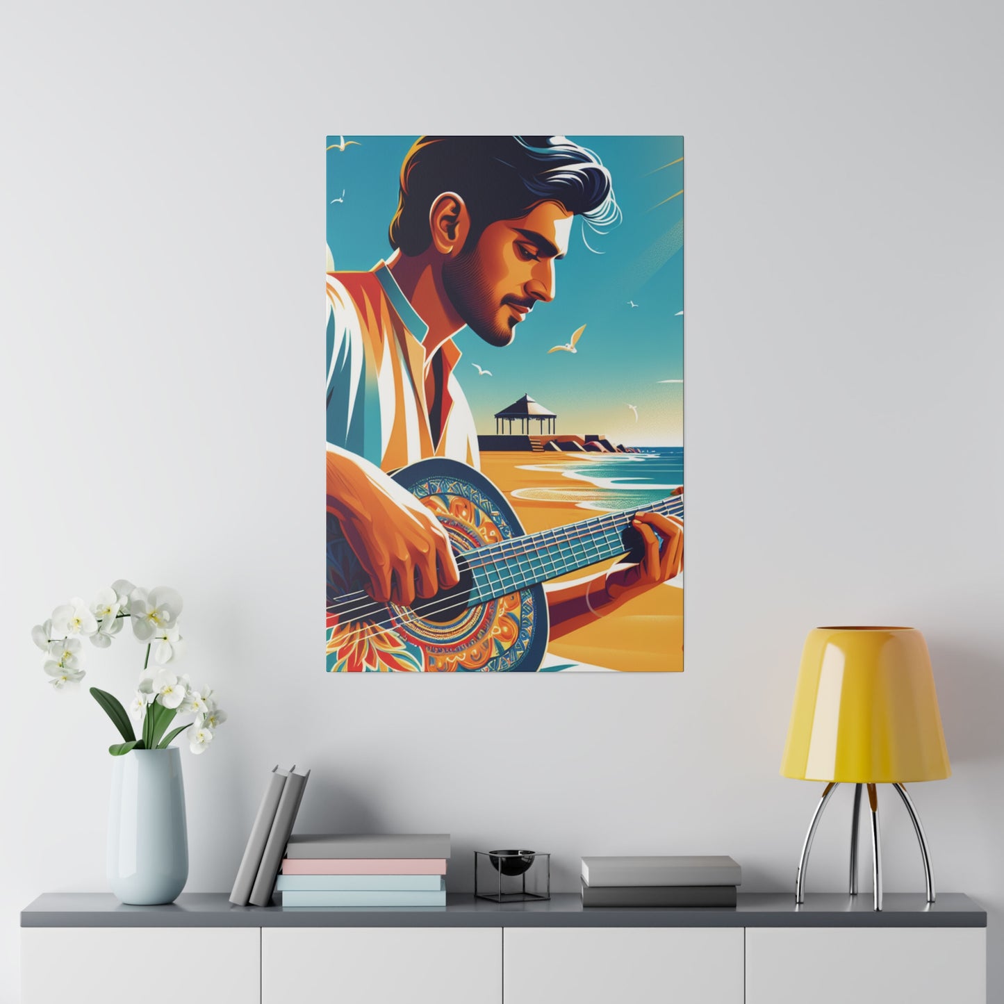 3287Z - music art work, musician gift ideas, sunset background, sunset designs, ocean art work, beach art work, guitar art work, guitar player