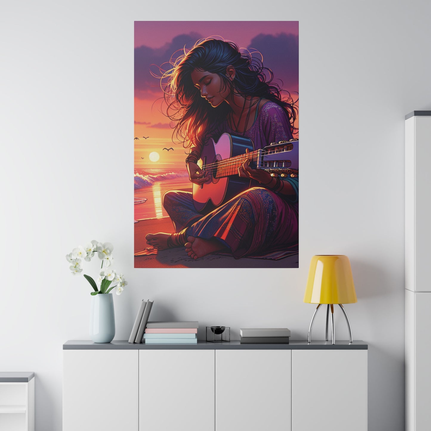 6347K - music art work, musician gift ideas, sunset background, sunset designs, ocean art work, beach art work, guitar art work, guitar player