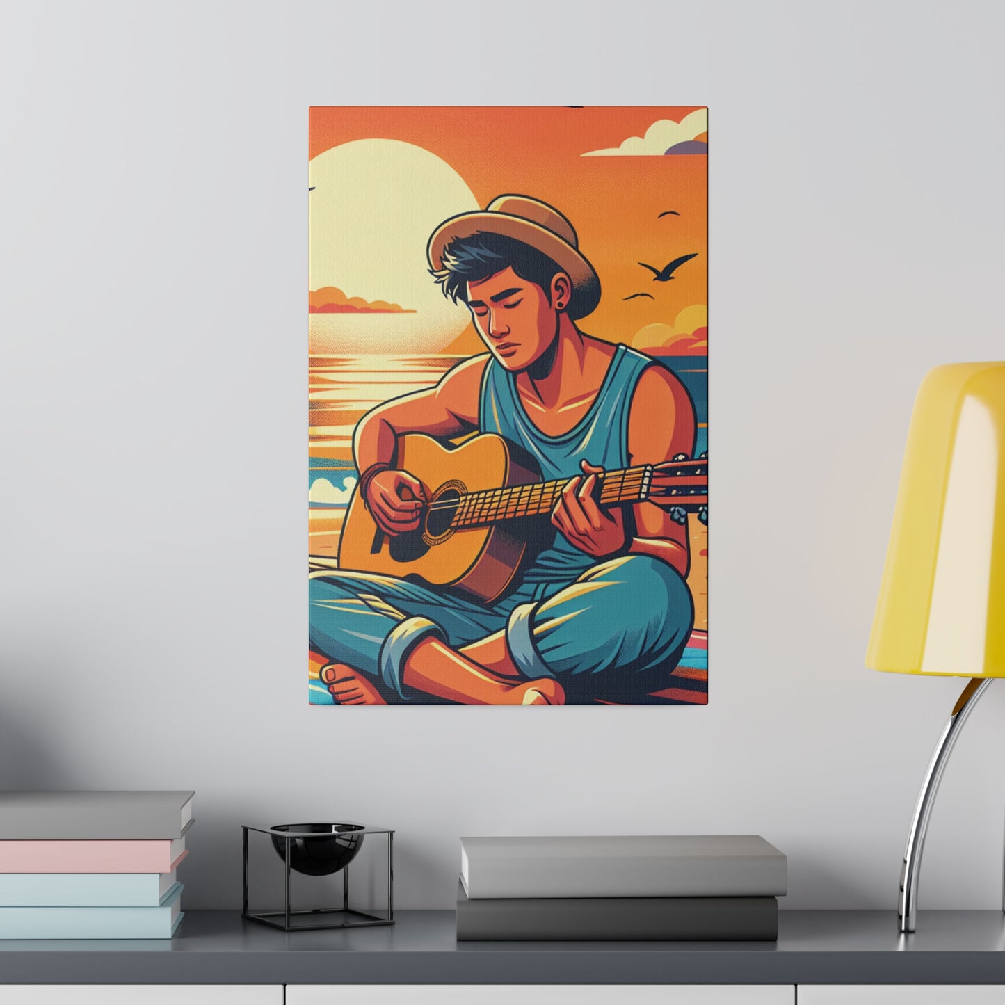 7216D - music art work, musician gift ideas, sunset background, sunset designs, ocean art work, beach art work, guitar art work, guitar player